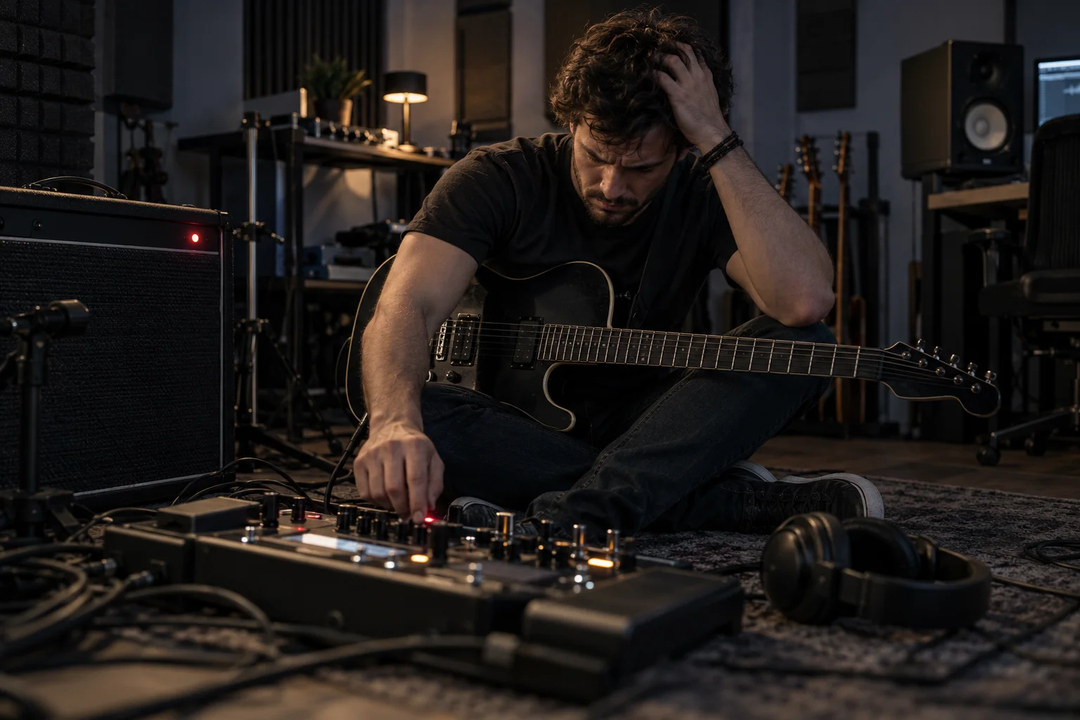 Guitarrista cercado por pedais tentando encontrar seu timbre